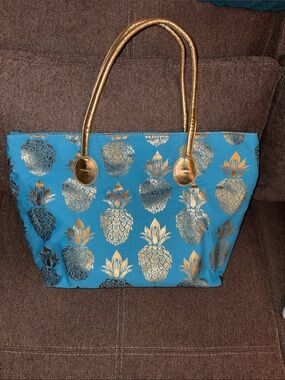Turquoise Tote with Metallic Gold Pineapple Print